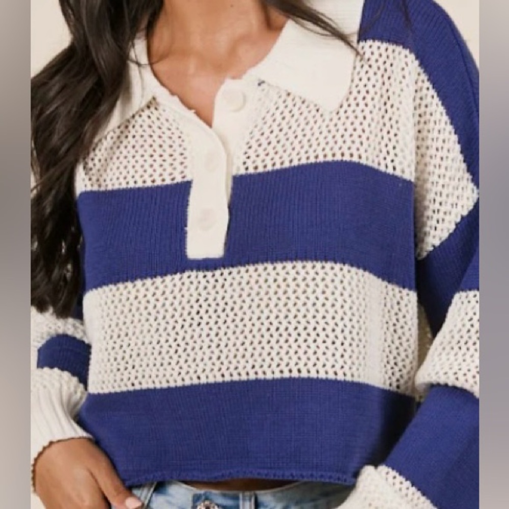 Navy & White Striped Loose Fit Cropped Knit Polo Shirt/Semi Sheer: Large